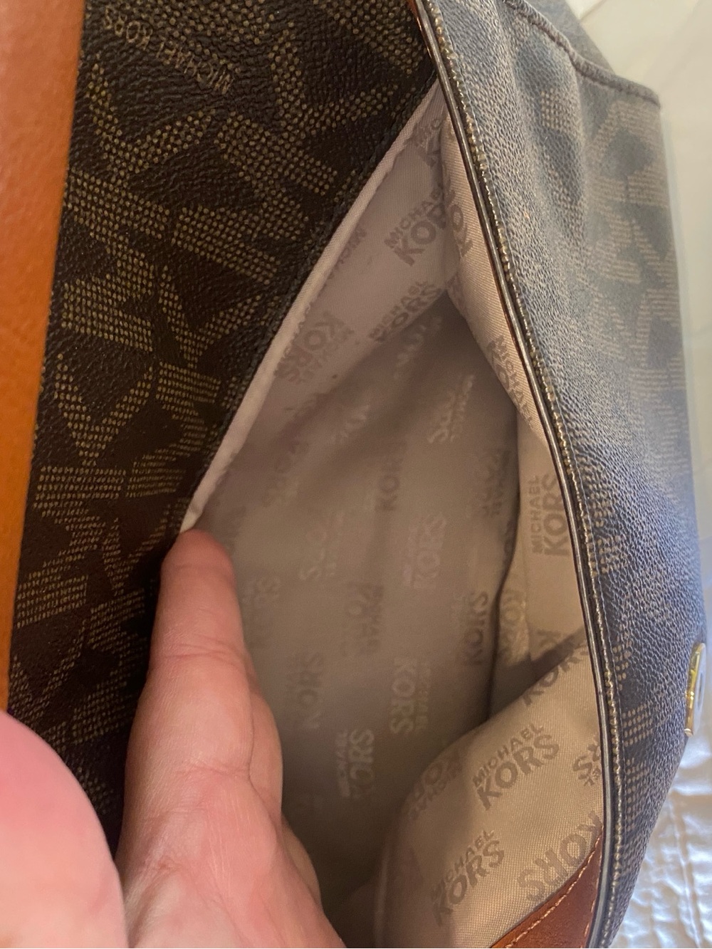 Michael Kors Brown & Tan MK Logo Satchel with Gold Accent - Picture 13 of 13